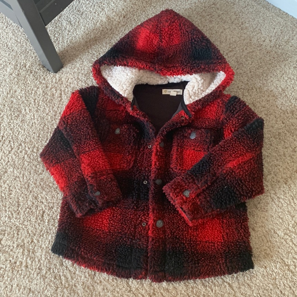 Tucker + Tate Buffalo Check Red Plaid Sherpa Jacket with Fuzzy Hood Size 2